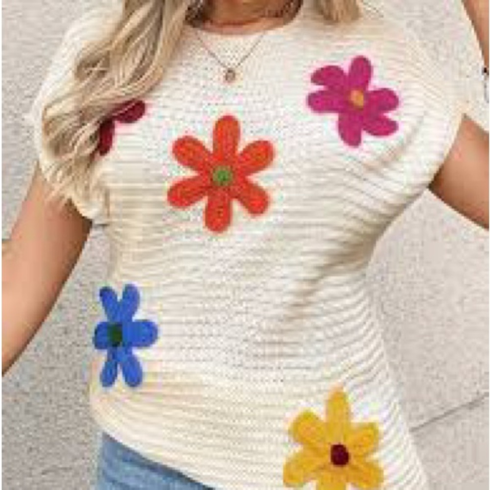 BiBi Cream Tank Top with Colorful Floral Appliqués